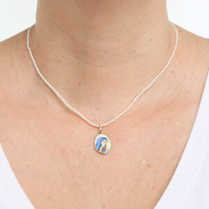 colar ouro 18k micro perolas naturais e antigo pingente religioso