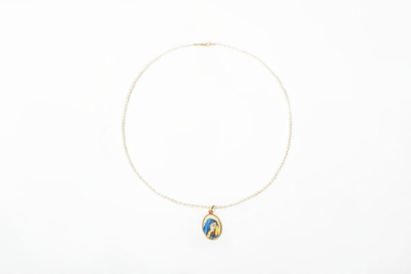 colar ouro 18k micro perolas naturais e antigo pingente religioso