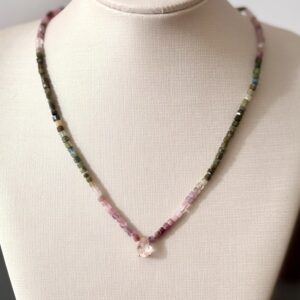 colar turmalina melancia ouro 18k e pingente de quartzo rosa
